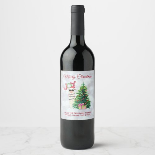 Cool Llama  Christmas Tree with Presents Wine Label