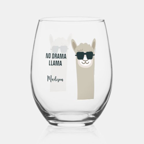 Cool Llama custom name  text Stemless Wine Glass