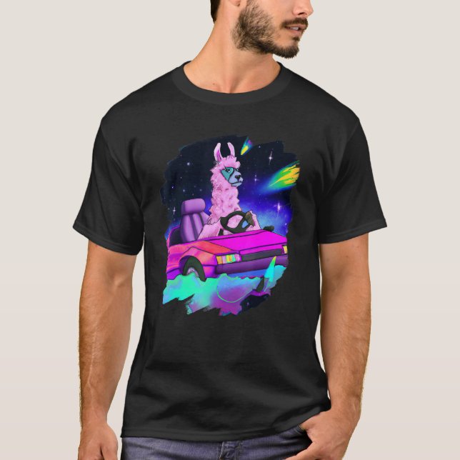 Cool Llama Driving Sports Car In Space Alpaca  Lla T-Shirt (Front)