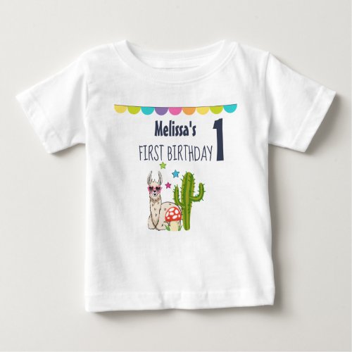 Cool llama in Heart_Shaped Sunglass First Birthday Baby T_Shirt