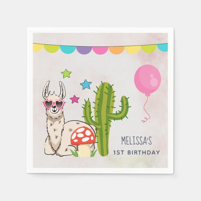 Cool llama in Heart-Shaped Sunglasses Birthday Napkins (Front)