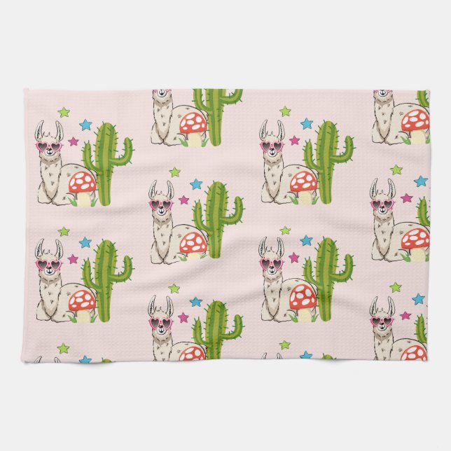Cool llama in Heart-Shaped Sunglasses Pattern Kitchen Towel (Horizontal)