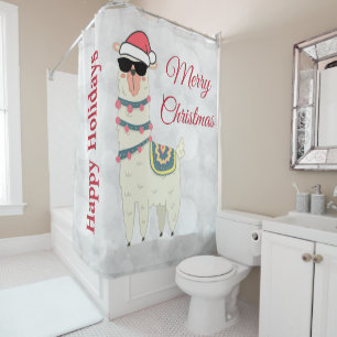 Cool Llama in Santa Hat and Sunglasses Shower Curtain