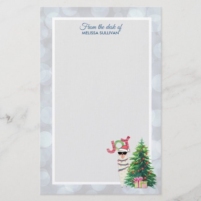 Cool Llama in Santa Hat on Silver Bokeh Christmas Stationery (Front)