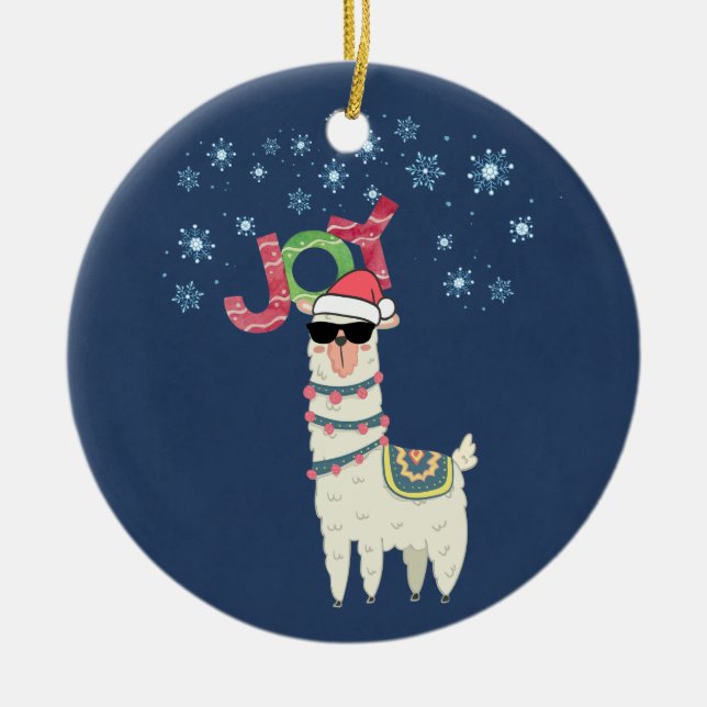 Cool Llama in Santa Hat with Snowflakes Christmas Ceramic Ornament (Front)