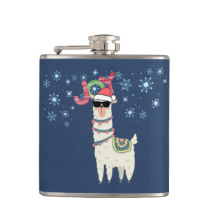 Cool Llama in Santa Hat with Snowflakes Christmas Flask