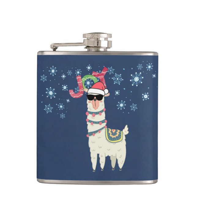 Cool Llama in Santa Hat with Snowflakes Christmas Flask (Front)
