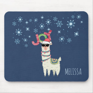 Cool Llama in Santa Hat with Snowflakes Christmas Mouse Pad