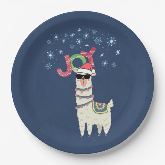 Cool Llama in Santa Hat with Snowflakes Christmas Paper Plates (Front)