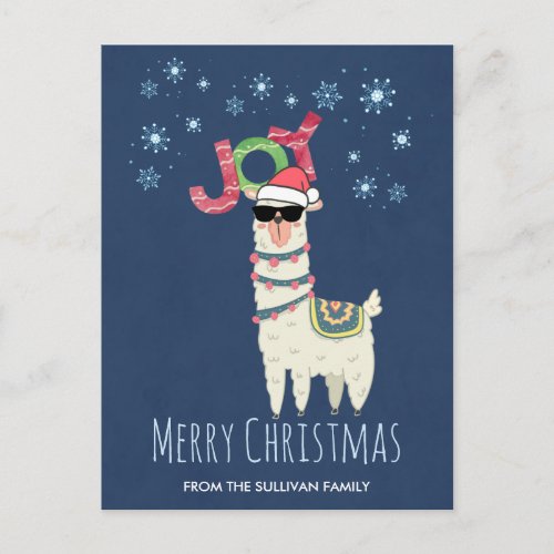 Cool Llama in Santa Hat with Snowflakes Christmas Postcard