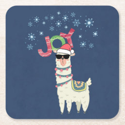 Cool Llama in Santa Hat with Snowflakes Christmas Square Paper Coaster