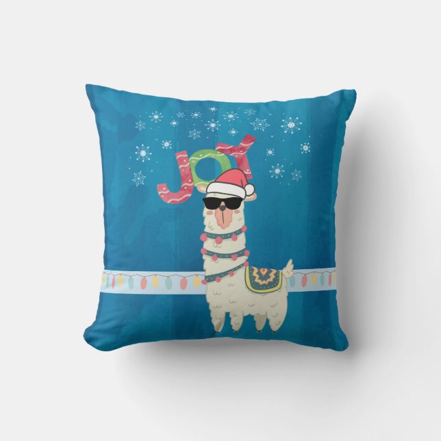 Cool Llama in Santa Hat with Snowflakes Christmas Throw Pillow (Front)