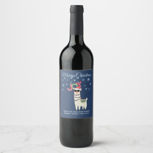 Cool Llama in Santa Hat with Snowflakes Christmas Wine Label