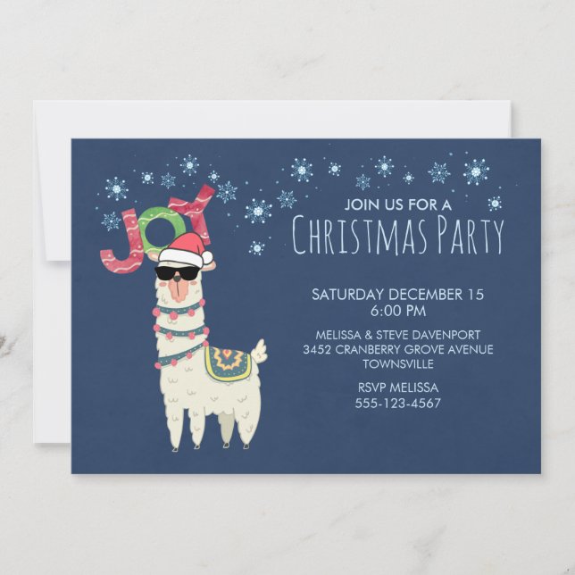 Cool Llama in Santa Hat with Snowflakes Party Invitation (Front)
