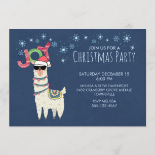 Cool Llama in Santa Hat with Snowflakes Party Invitation