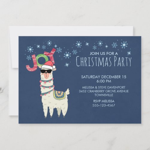 Cool Llama in Santa Hat with Snowflakes Party Invitation