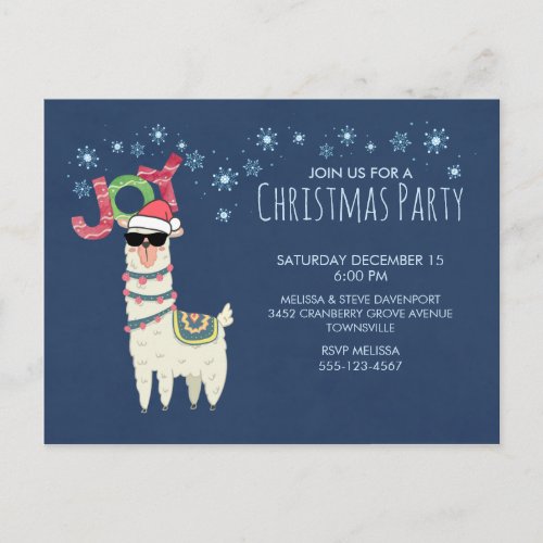 Cool Llama in Santa Hat with Snowflakes Party Postcard