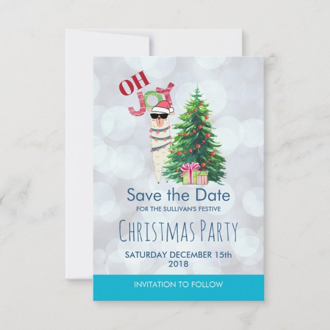 Cool Llama on Silver Bokeh & Icy Blu Save The Date Invitation (Front)
