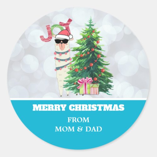 Cool Llama on Silver Bokeh  Icy Blue Christmas Classic Round Sticker
