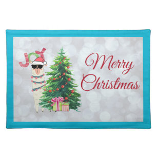 Cool Llama on Silver Bokeh & Icy Blue Christmas Cloth Placemat