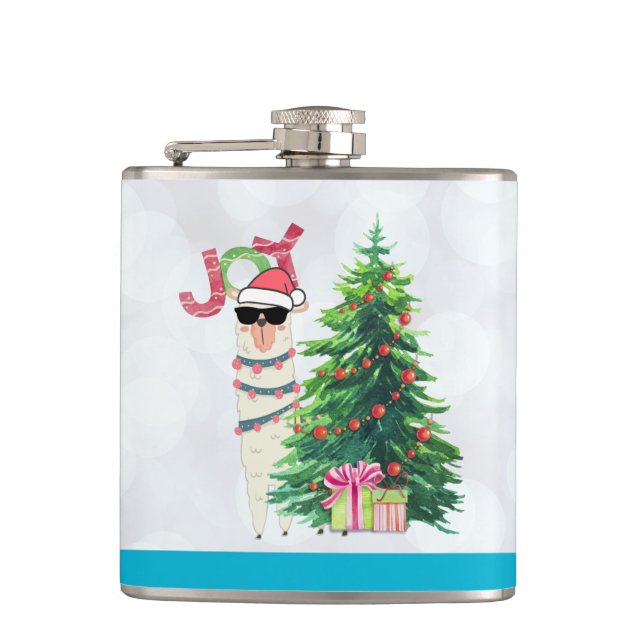 Cool Llama on Silver Bokeh & Icy Blue Christmas Flask (Front)