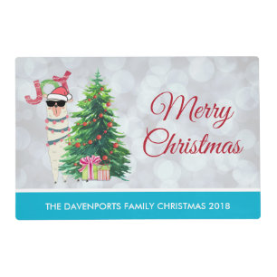 Cool Llama on Silver Bokeh & Icy Blue Christmas Placemat