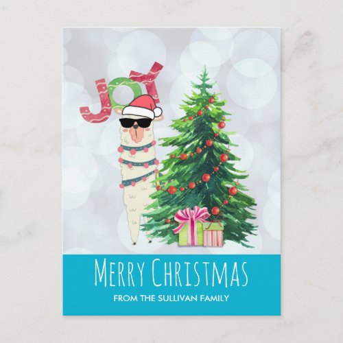 Cool Llama on Silver Bokeh  Icy Blue Christmas Postcard