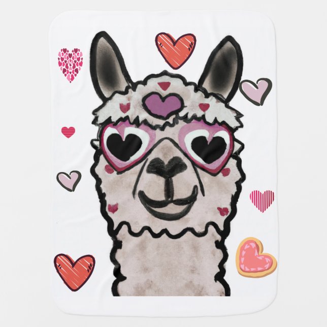 Cool Llama with Heart Glasses Baby Blanket (Front)