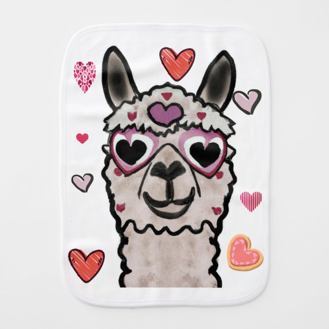 Cool Llama with Heart Glasses Baby Burp Cloth (Front)