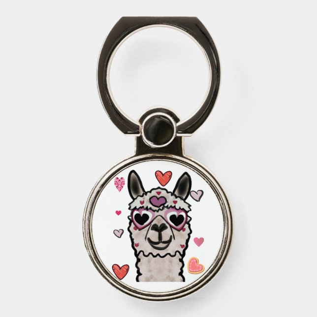 Cool Llama with Heart Glasses Phone Ring Stand (Front)