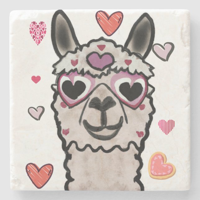 Cool Llama with Heart Glasses Stone Coaster (Front)