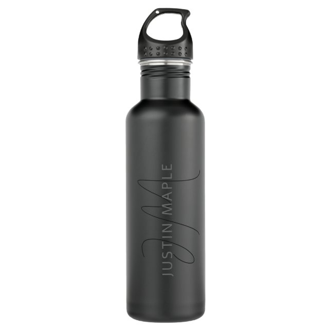 Cool Looking Name & Monogram | Dark Grey Stainless Steel Water Bottle (Front)