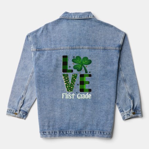 Cool Love First Grade St Patricks Day Plaid Shamro Denim Jacket