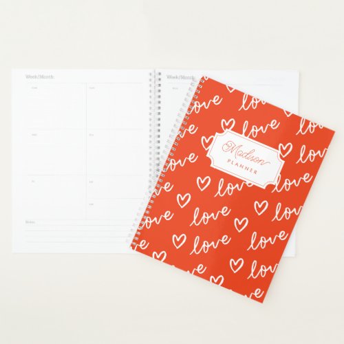 Cool Love Hearts in Red with Monogram Planner
