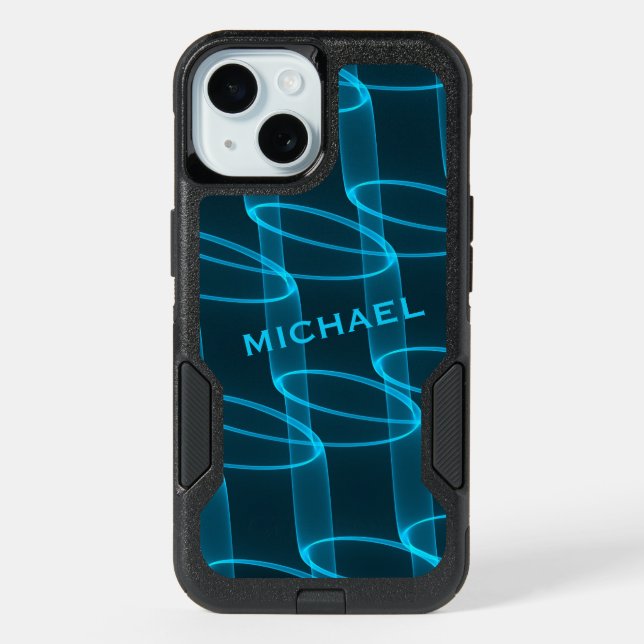 Cool Luminous Blue Wave Pattern Personalised iPhone 15 Case (Back)