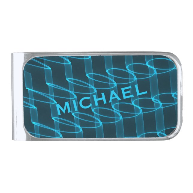Cool Luminous Blue Wave Pattern Personalised Silver Finish Money Clip (Front)