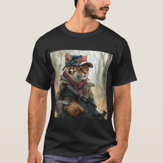 Cool MAGA Big Cat with Gun and Camouflage AMERICA T-Shirt
