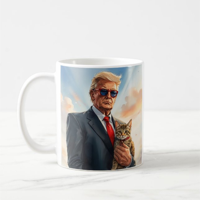 Cool MAGA Cat TRUMP Holding a Cat cute Sunglasses Coffee Mug (Left)