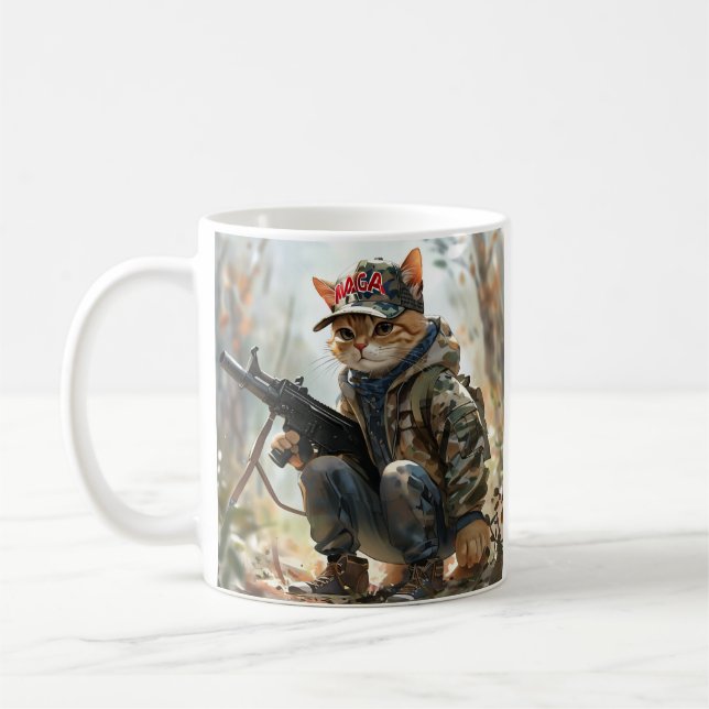 Cool MAGA Cat with Gun and Camouflage Cute AMERICA Coffee Mug (Left)