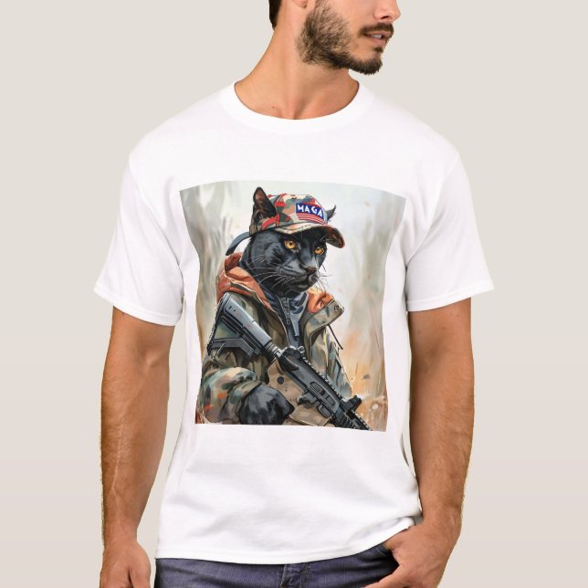 Cool MAGA Cat with Gun & Camouflage BLACK PANTHER T-Shirt (Front)