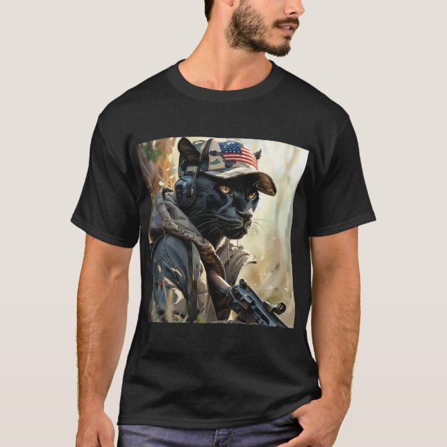 Cool MAGA Cat with Gun & Camouflage BLACK PANTHER T-Shirt (Front)