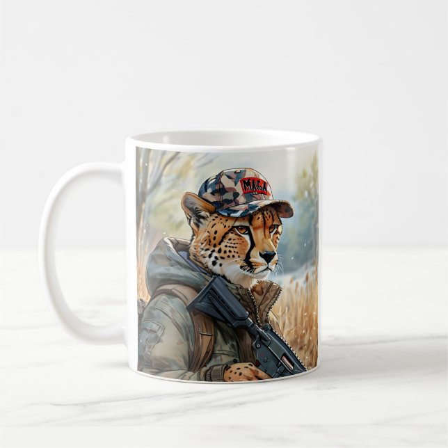 Cool MAGA Cat with Gun & Camouflage CHEETAH Coffee Mug (Left)