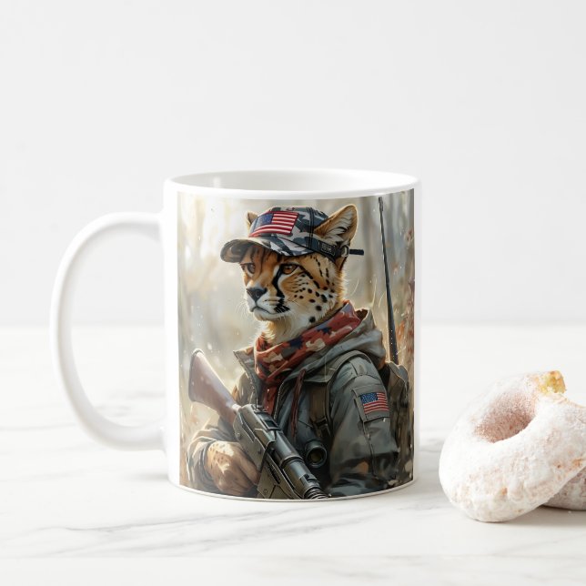 Cool MAGA Cat with Gun & Camouflage CHEETAH Coffee Mug (With Donut)
