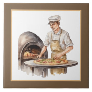 Cool man baking Pizza home Business crafting Ceramic Tile