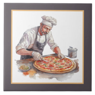 Cool man making pizza home business crafting ceramic tile