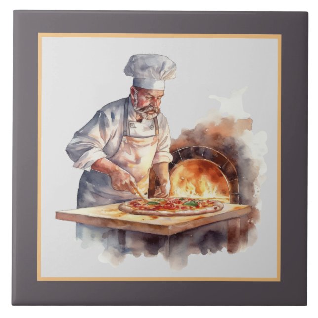 Cool man making pizza home business crafting ceramic tile (Front)