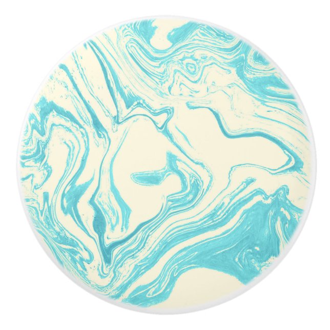 Cool Marble Design in Turquoise and Cream Ceramic Knob (Front)