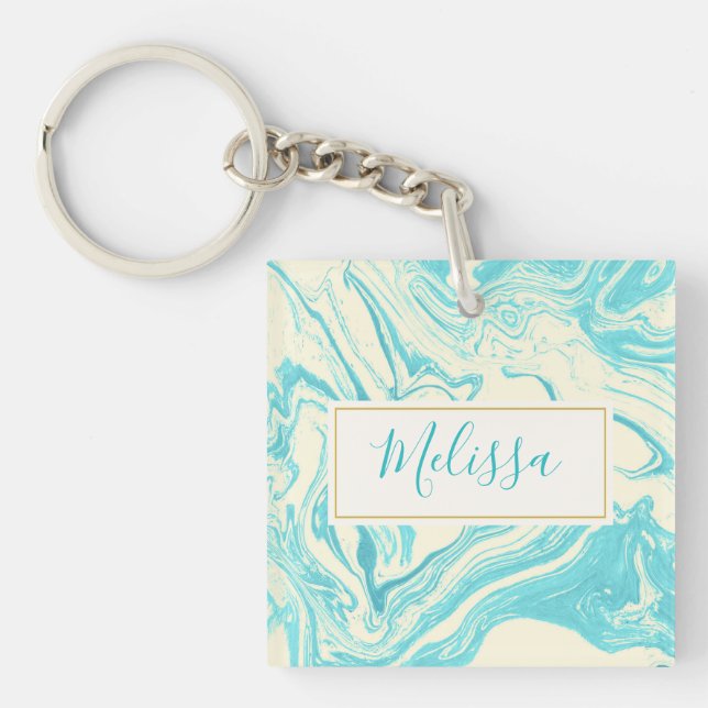 Cool Marble Design in Turquoise and Cream Custom Keychain (Front)