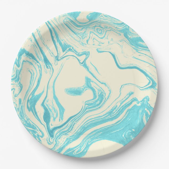 Cool Marble Design in Turquoise and Cream Paper Plates (Front)