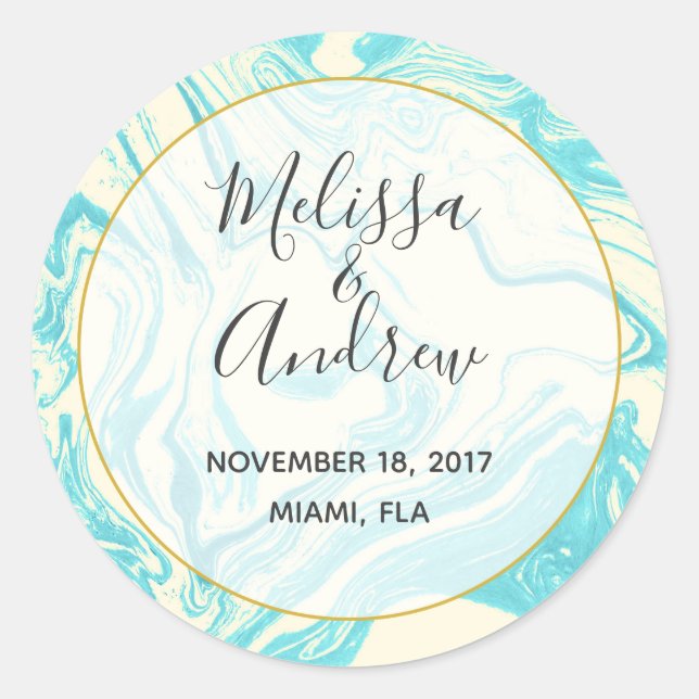 Cool Marble Design in Turquoise and Cream Wedding Classic Round Sticker (Front)